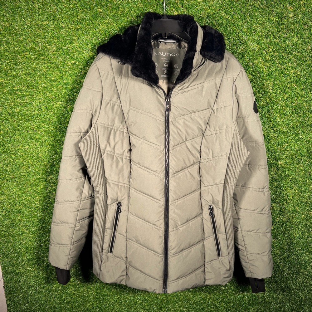 Nautica Womens XL Puffer Jacket Olive Green Water‎ Resistant Faux Fur Hood